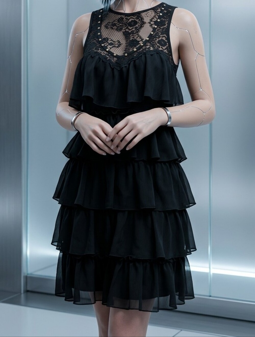Kouture by Kimora Black Lace Ruffle mini  Dress. XL Sheer Tiered Y2K #O28